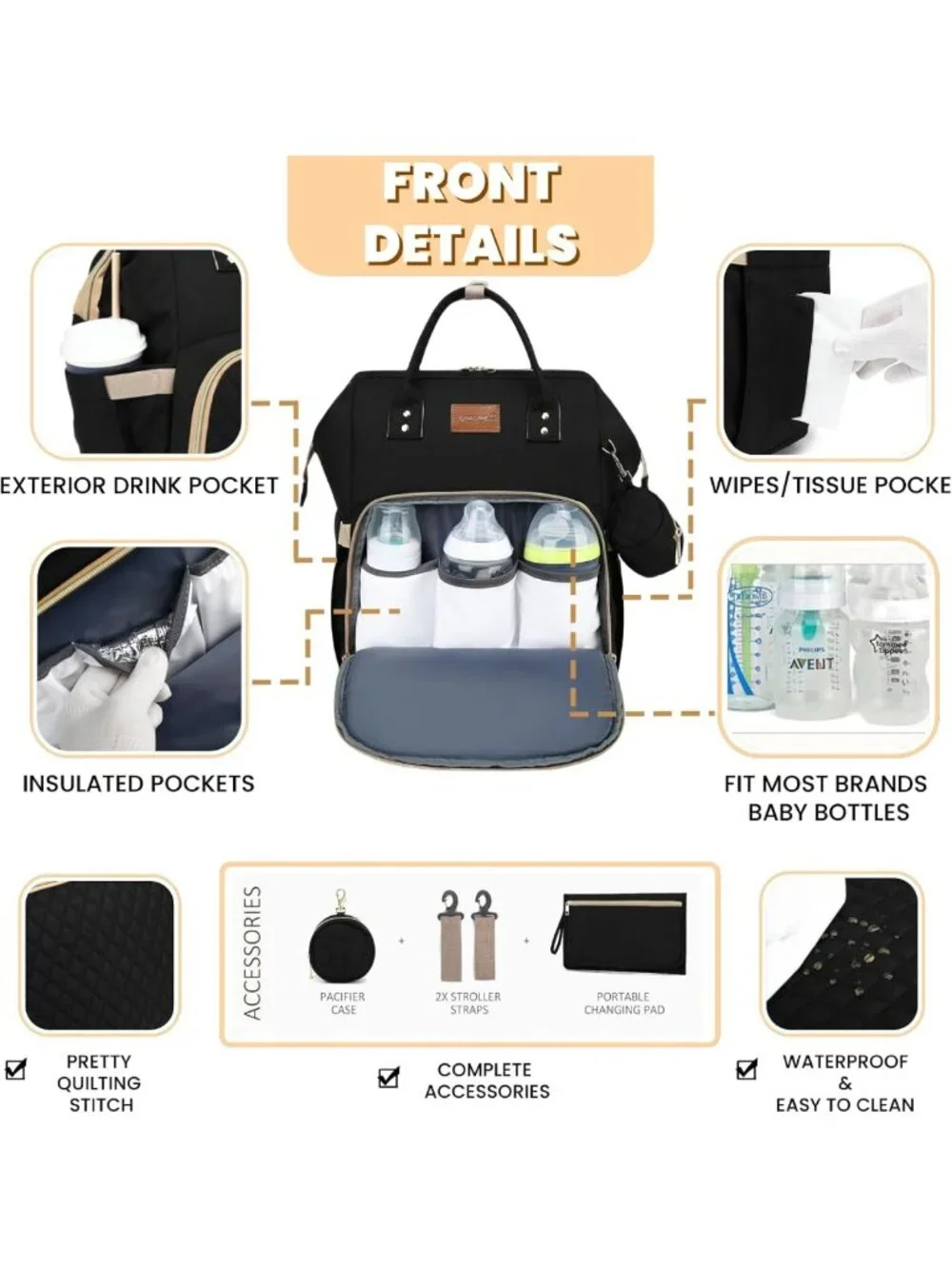 Stylish Waterproof Diaper Bag Backpack with Changing Pad & Pacifier Case - Large